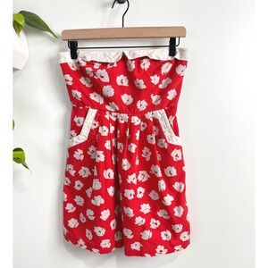 Cope Urban Outfitters Red Floral Strapless Mini Dress Linen Blend Pockets 4 Twee